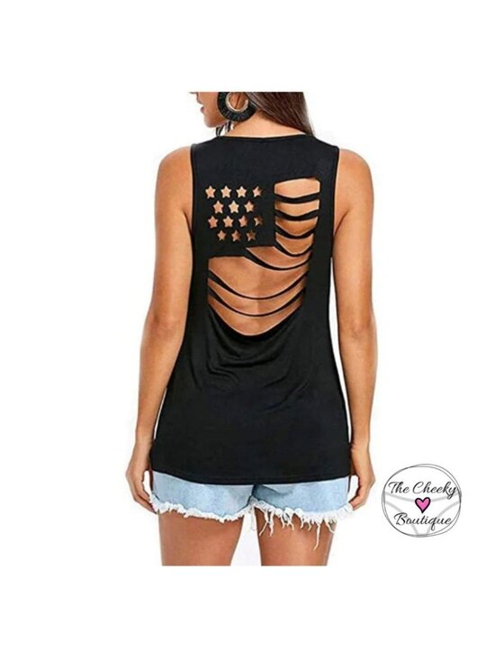The Cheeky Boutique Tops - American Flag Cutout Back Sleeveless Black Tank to Size M Casual Patriotic